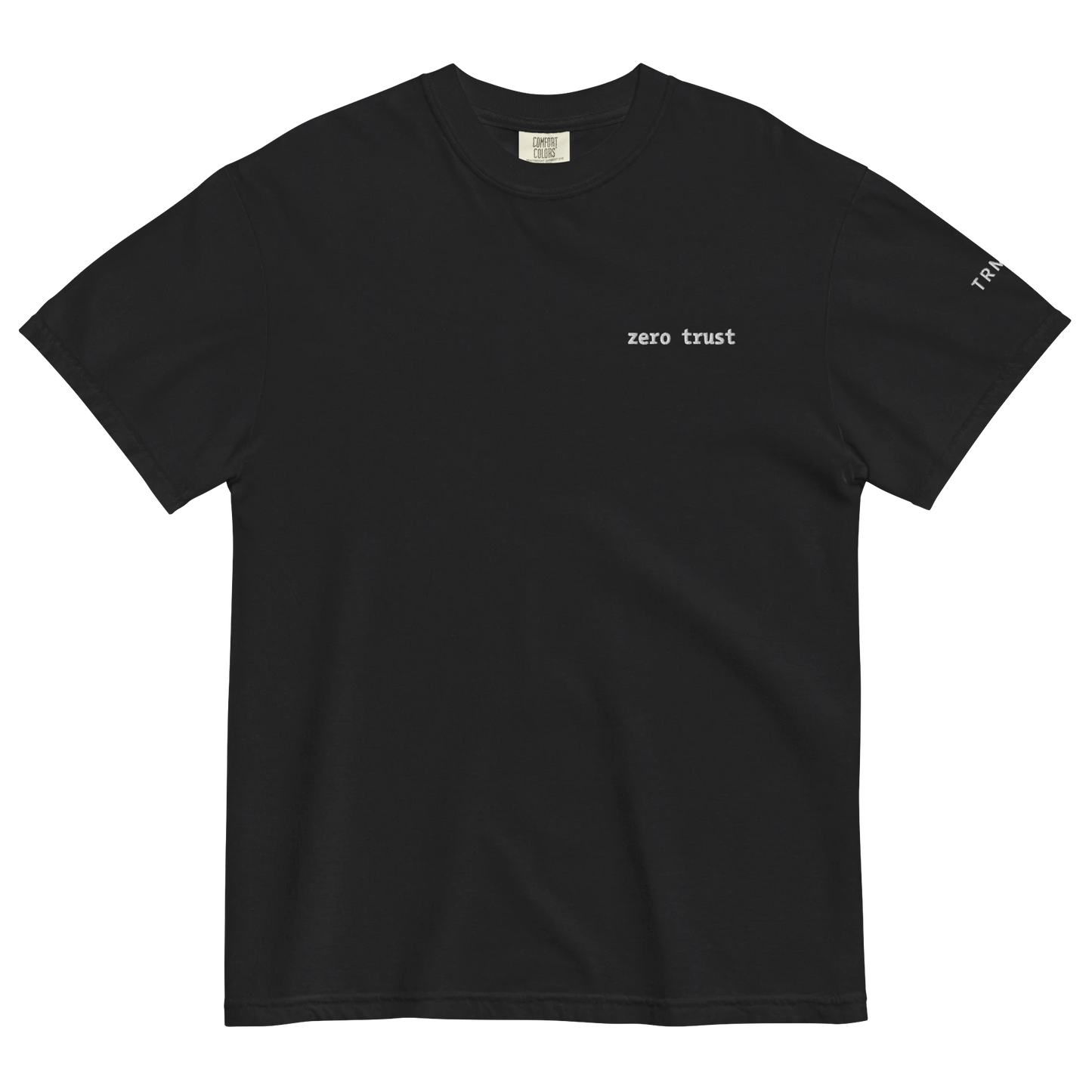 TRMNL black Supima cotton t-shirt featuring a small embroidered zero trust design on the chest