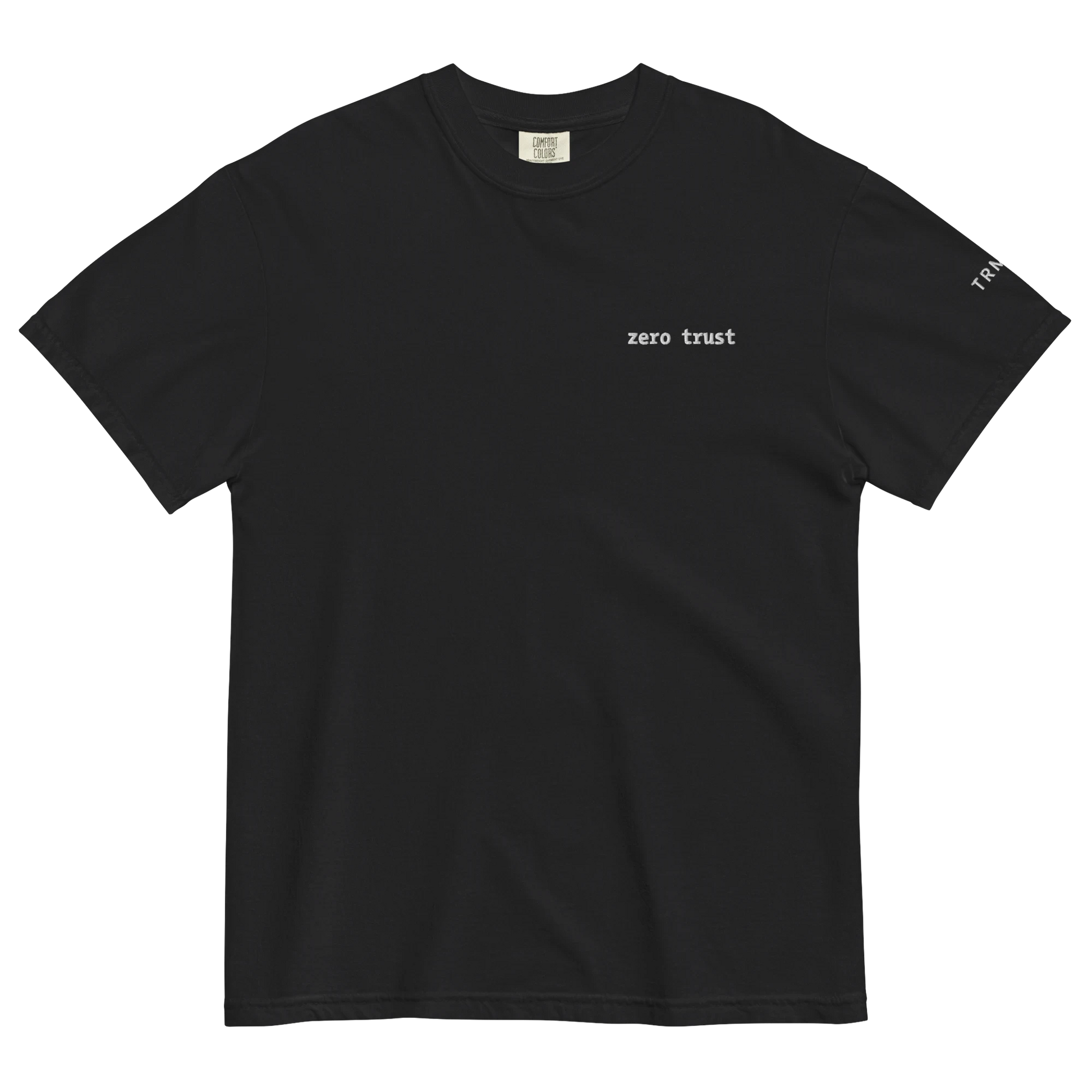 TRMNL black Supima cotton t-shirt featuring a small embroidered zero trust design on the chest