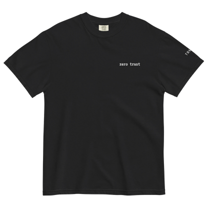 TRMNL black Supima cotton t-shirt featuring a small embroidered zero trust design on the chest