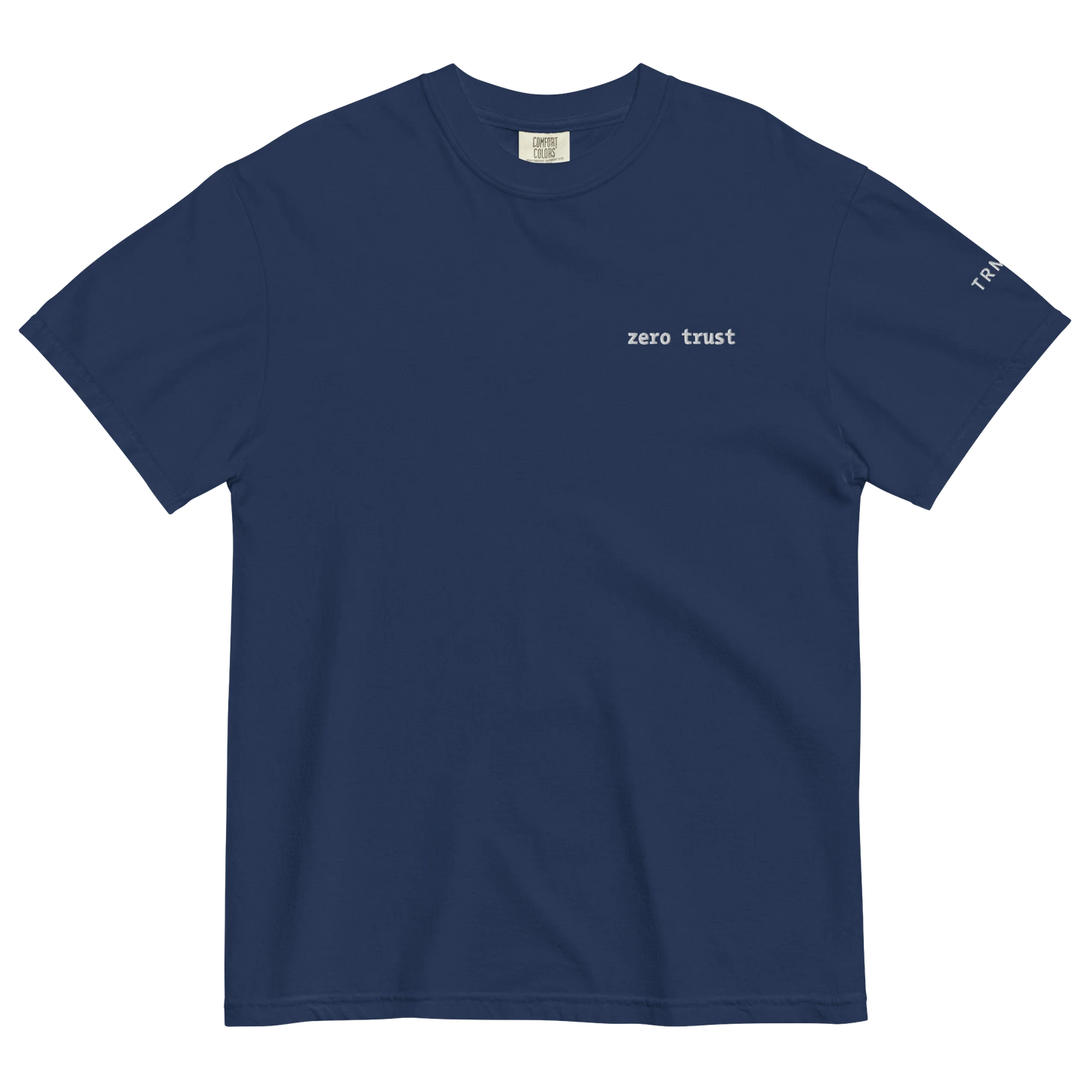 TRMNL navy blue Supima cotton t-shirt with white embroidered zero trust text on the chest