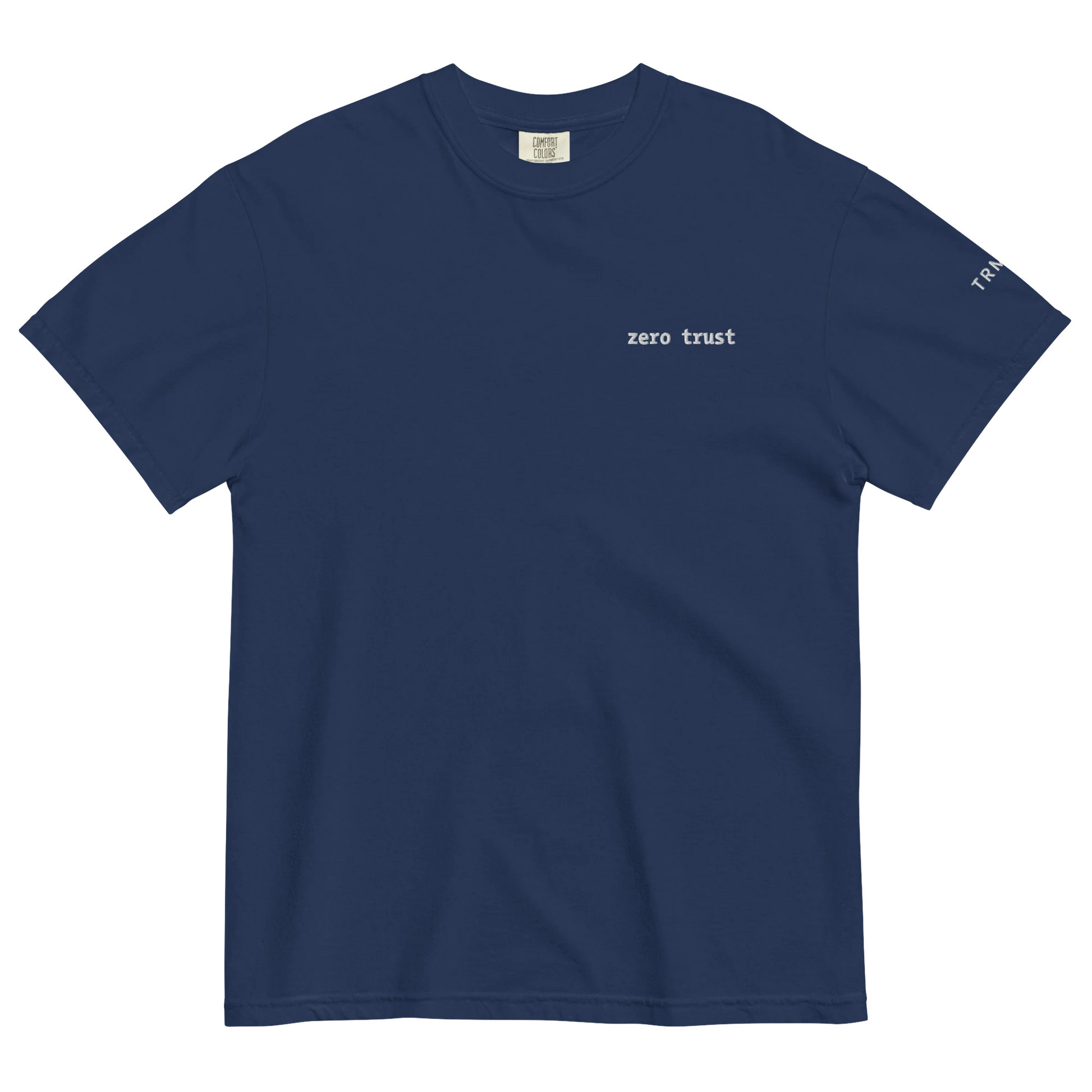 TRMNL navy blue Supima cotton t-shirt with white embroidered zero trust text on the chest