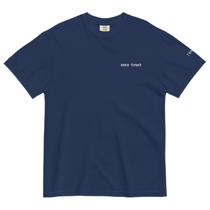 TRMNL navy blue Supima cotton t-shirt with white embroidered zero trust text on the chest