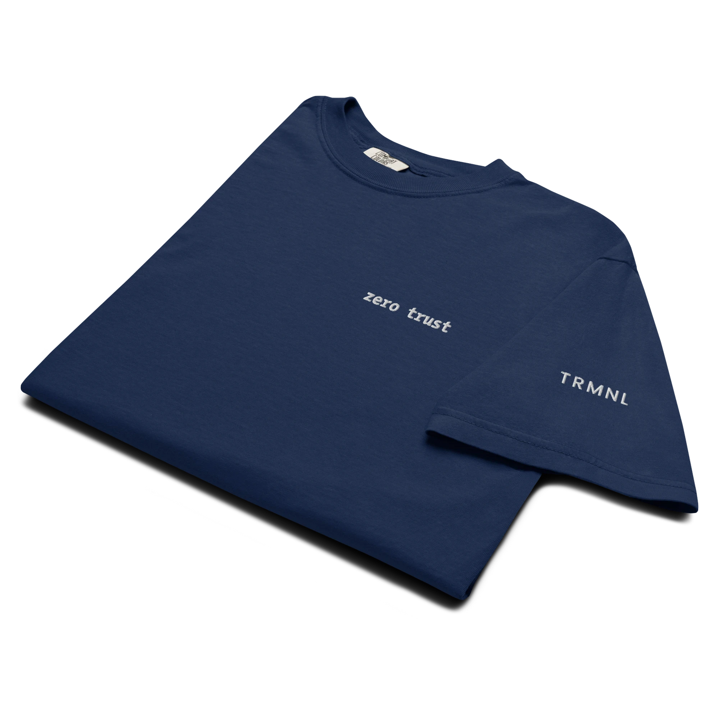 TRMNL navy blue Supima cotton t-shirt with embroidered zero trust chest design and sleeve branding