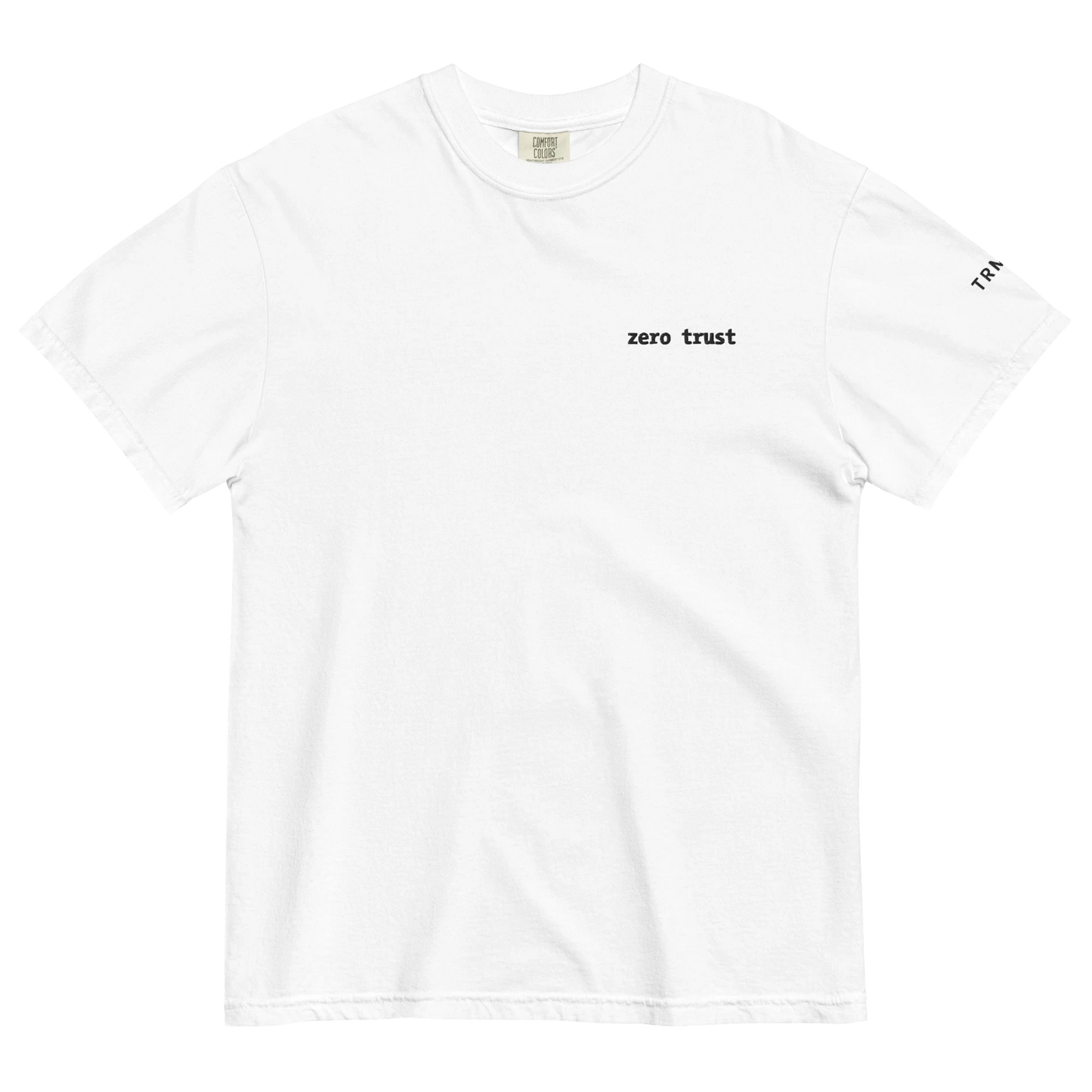 TRMNL white Supima cotton t-shirt featuring a minimalist black embroidered zero trust design on the chest.